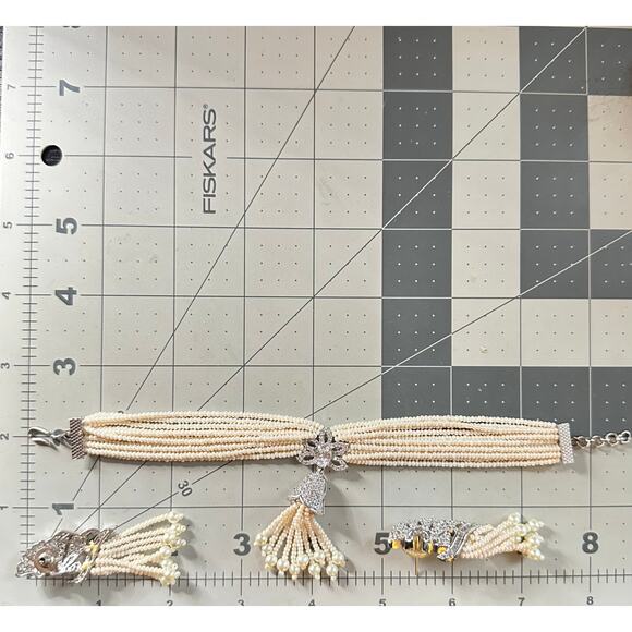 Indian white gold plated cubic zirconia glass pearl bracelet earrings set - Picture 8 of 8